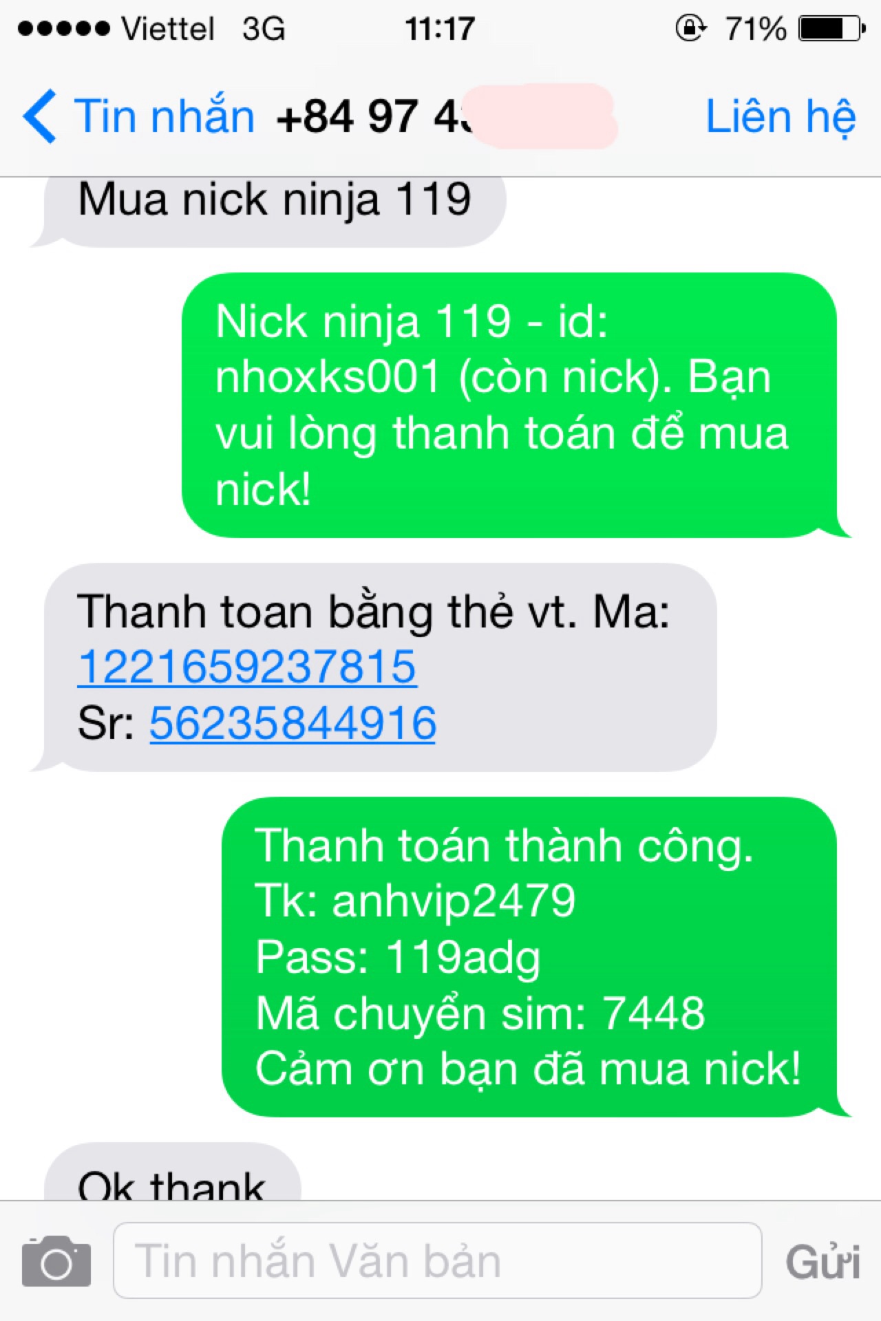 SMS Hướng Dẫn Mua Nick